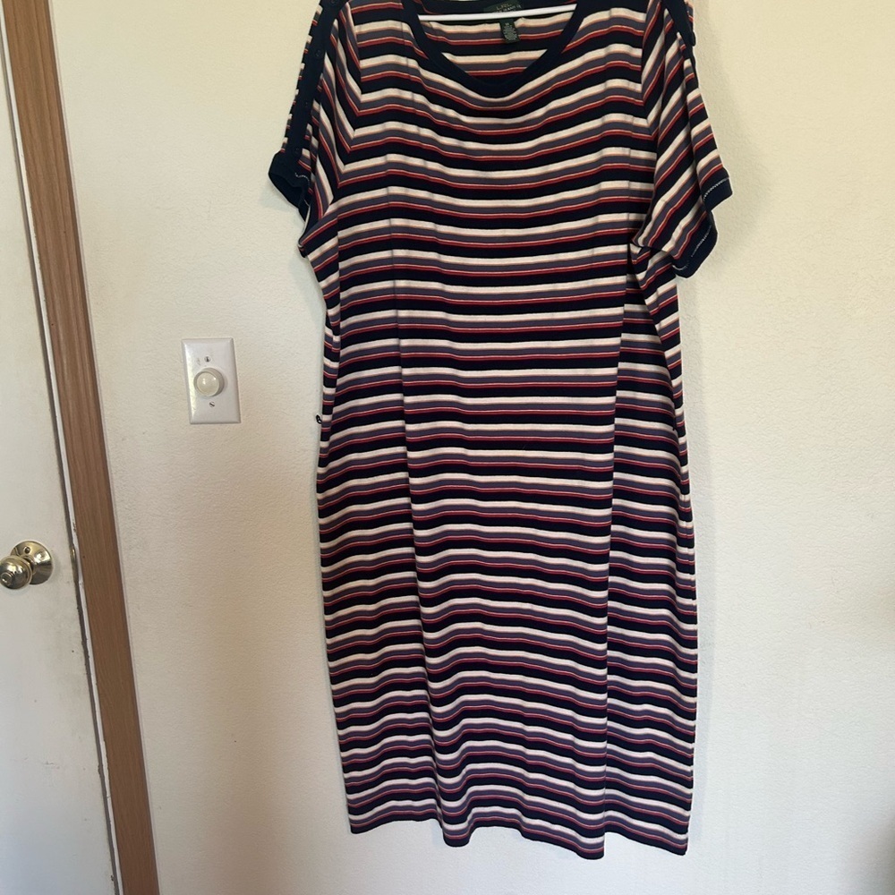 Ralph Lauren Multi Color Stripped 100% Cotton Midi Dress Button Sleeve Detail